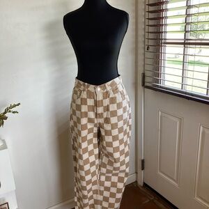 Checkered Wide Leg Pants in Beige and Cream